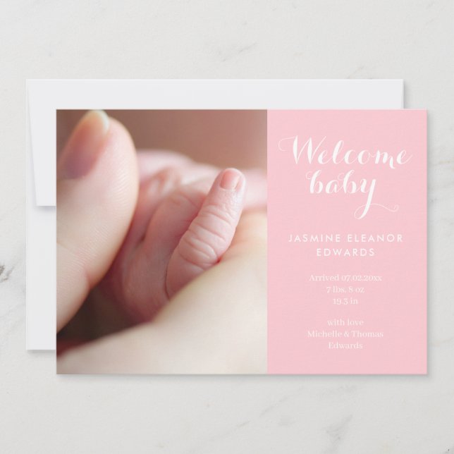 Baby Girl Photos Monogram Pink Script Birth Announcement (Front)