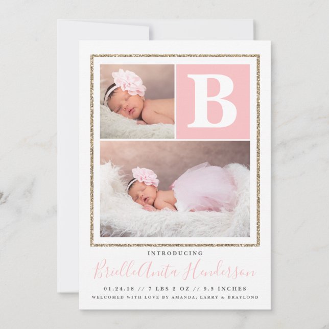 Baby Girl Pink and Gold Glitter Birth Announcement (Front)