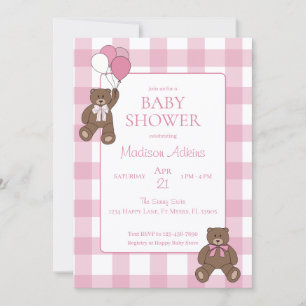 Baby Girl Pink and White Teddy Bear Baby Shower Invitation