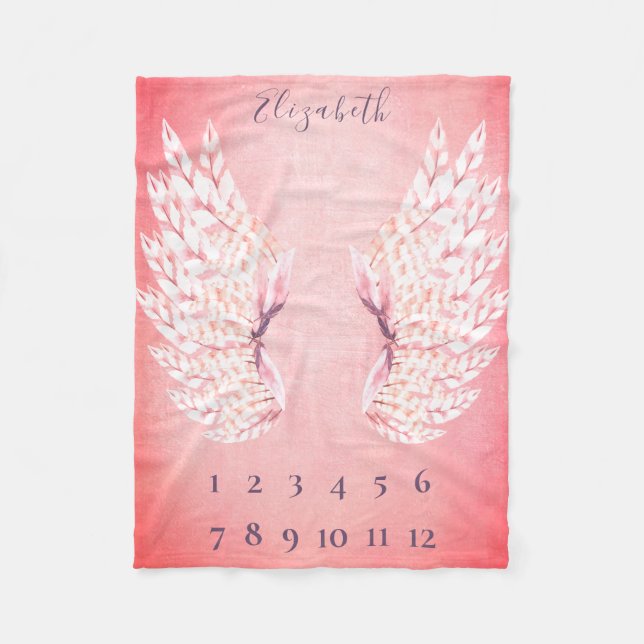 Baby Girl  Pink Angel Wings Monthly Milestone Flee Fleece Blanket (Front)