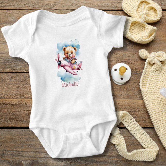 Baby Girl Pink Bear in Aeroplane Baby Gift Baby Bodysuit (Baby Girl Bear Flying Pink Airplane, Personalized Body suit. Baby Shower gift, new baby girl gift)
