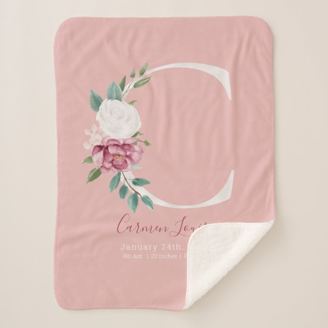 Baby Girl pink birth stats - Letter C - Sherpa Blanket (Front)