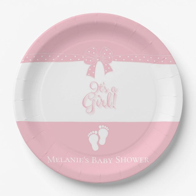 Baby Girl Pink Bows & Little Feet Custom Paper Plate (Front)