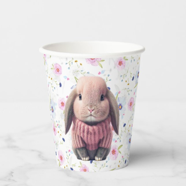 Baby Girl Pink Bunny Floral Paper Cups (Front)