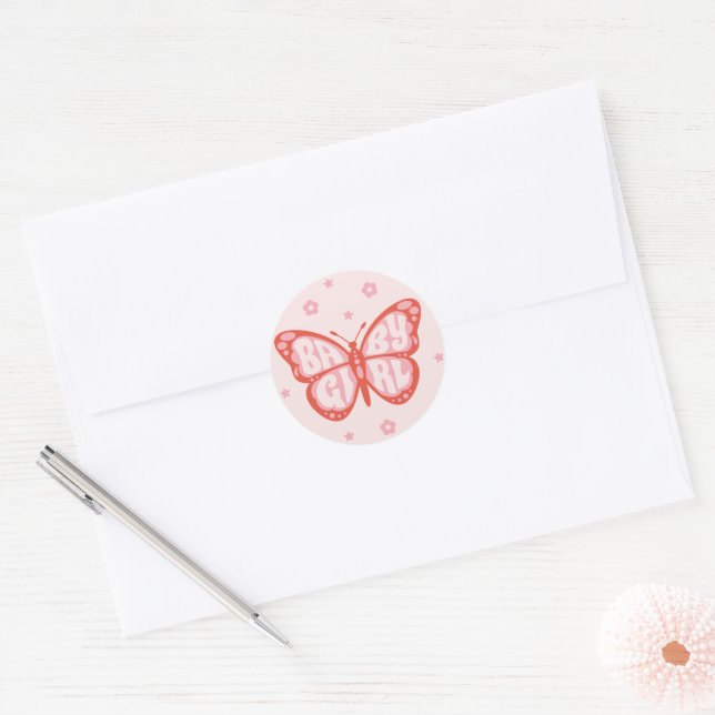 Baby Girl Pink Butterfly Baby Shower  Confetti Classic Round Sticker (Envelope)