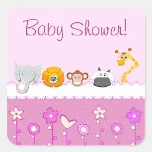 Baby Girl Pink Cartoon Animals Square Sticker