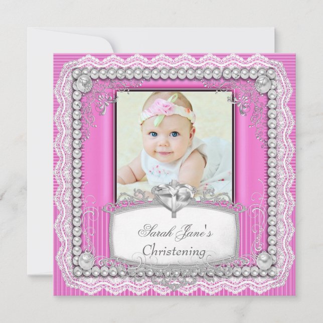 Baby Girl Pink Christening Baptism Cross Lace Invitation (Front)