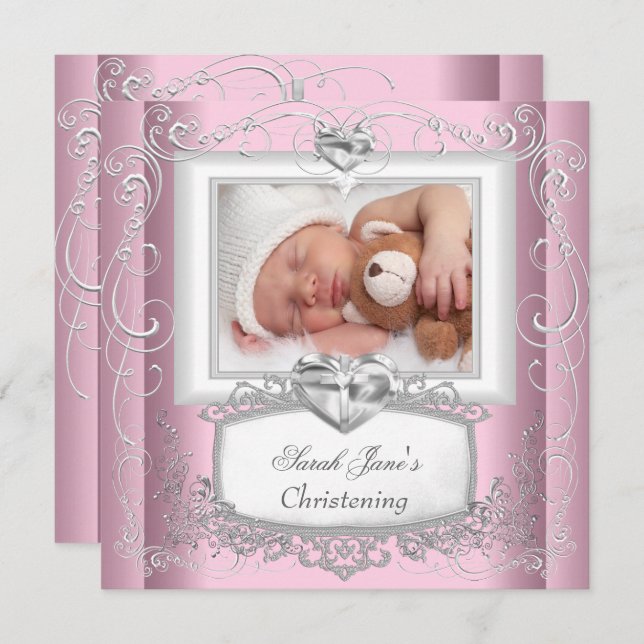 Baby Girl Pink Christening Baptism Cross White Invitation (Front/Back)