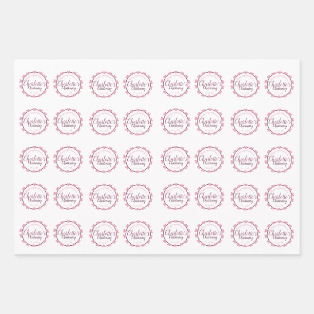 Baby girl pink christening paper with flower petal (Front)