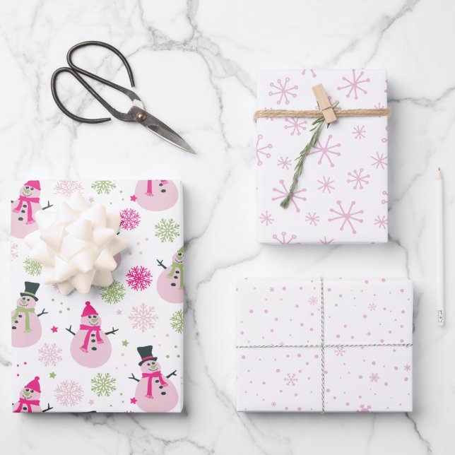 Baby Girl Pink Christmas Snowmen and Snowflakes Wrapping Paper Sheet (Front)