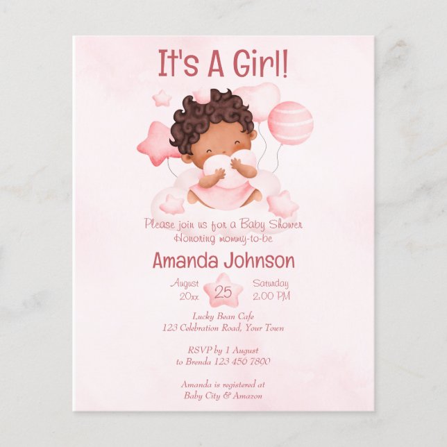 Baby girl pink cloud budget baby shower invitation (Front)