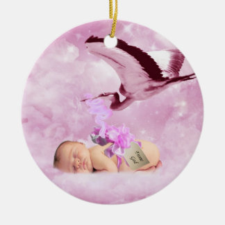 Baby girl pink clouds and stork christmas ceramic tree decoration