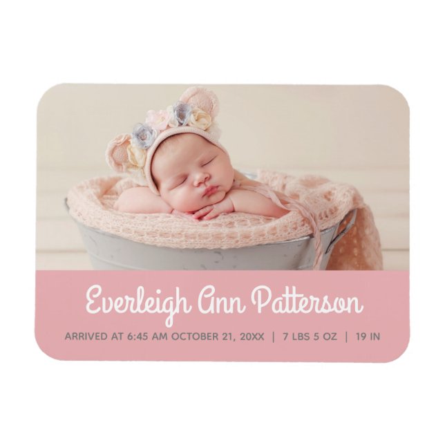 Baby Girl Pink Custom Photo Birth Announcement Magnet (Horizontal)