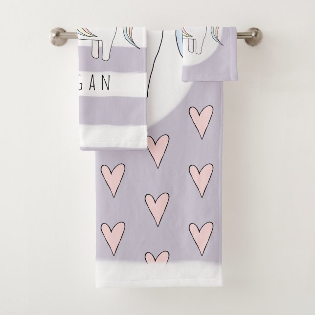 Baby Girl Pink Doodle Unicorn Heart Pattern Name Bath Towel Set (Insitu)