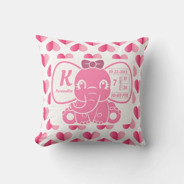 Baby Girl Pink Elephant Birth Stats Hearts Cushion (Front)