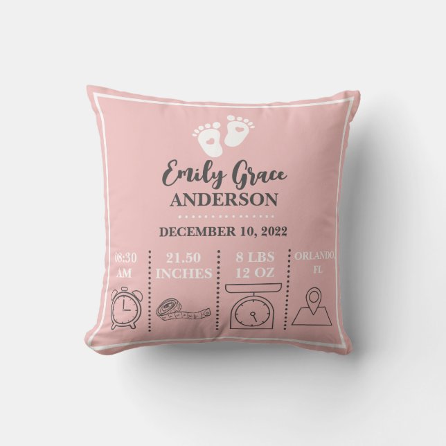Baby Girl Pink Feet New Born Birth Announcement Cushion (Front)