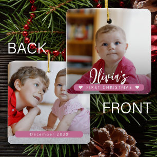 Baby girl pink First Christmas 2 photo Ceramic Ornament
