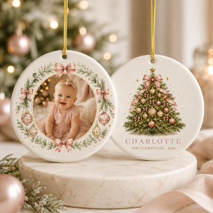 Baby Girl Pink First Christmas Bow Photo Ceramic Ornament