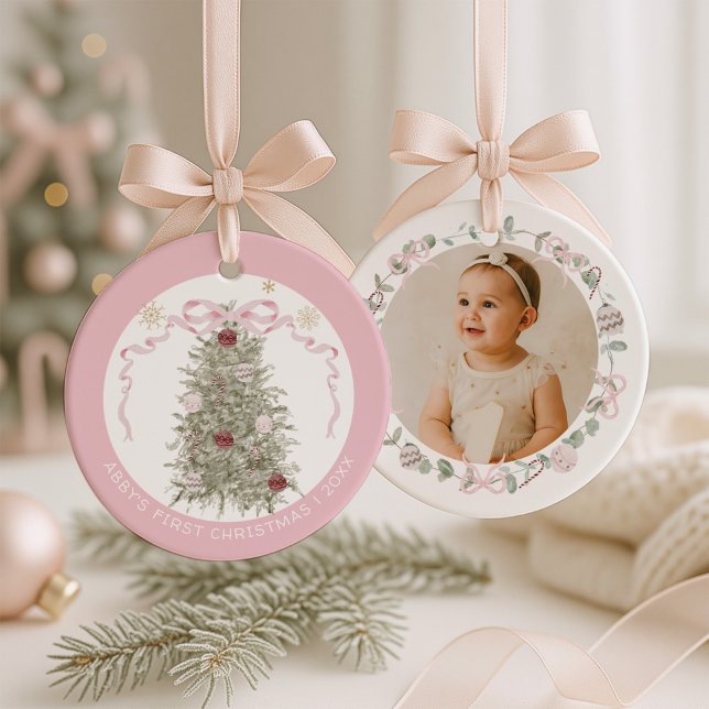 Baby Girl Pink First Christmas Photo Ceramic  Ornament (Creator Uploaded)