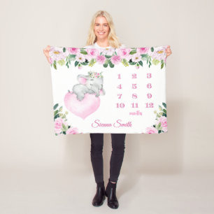 Baby Girl Pink Floral Baby Elephant Milestone Name Fleece Blanket