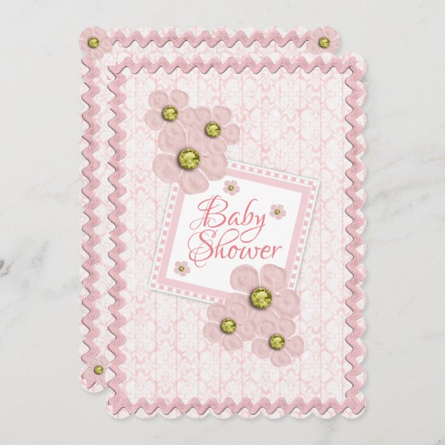 Baby Girl Pink Floral Damask Rick Rack Baby Shower Invitation (Front/Back)