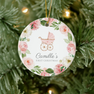 Baby Girl Pink Floral First Christmas Ornament