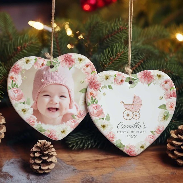 Baby Girl Pink Floral First Christmas Photo Ceramic Ornament (Baby Girl First Christmas Photo Ornament)