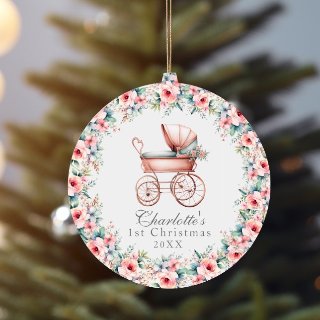 Baby Girl Pink Floral First Christmas Stroller Ceramic Ornament (Baby Girl Pink Floral First Christmas Stroller Ceramic Ornament)