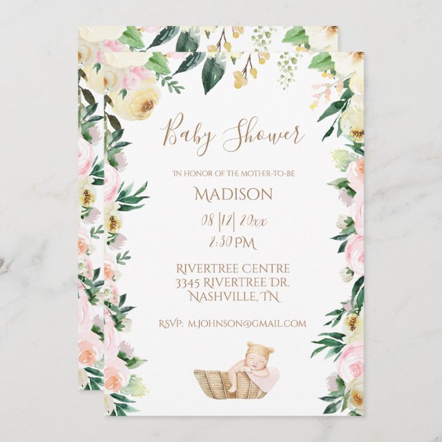 Baby Girl Pink Floral Script Elegant Baby Shower Invitation (Front/Back)