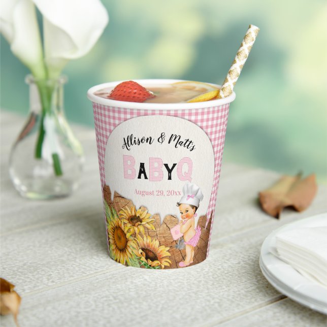 Baby Girl Pink Gingham Sunflowers Baby Q BBQ Paper Cups (Insitu)