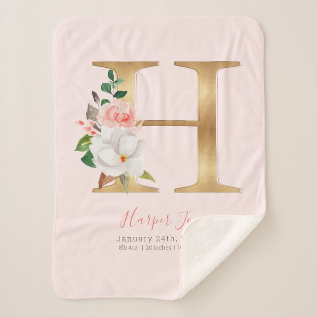 Baby Girl pink & gold birth stats - Letter H - Sherpa Blanket (Front)