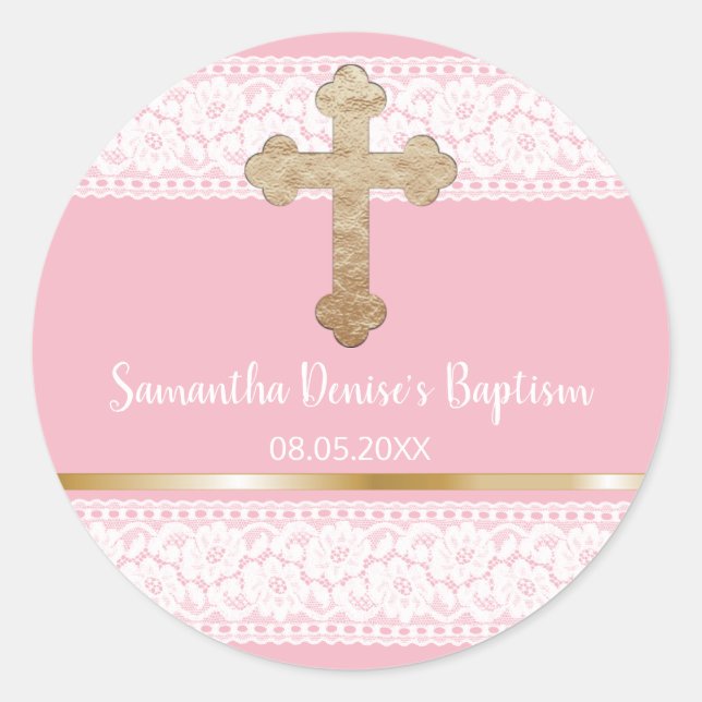 Baby Girl Pink Gold Cross Baptism Favour Classic Round Sticker (Front)