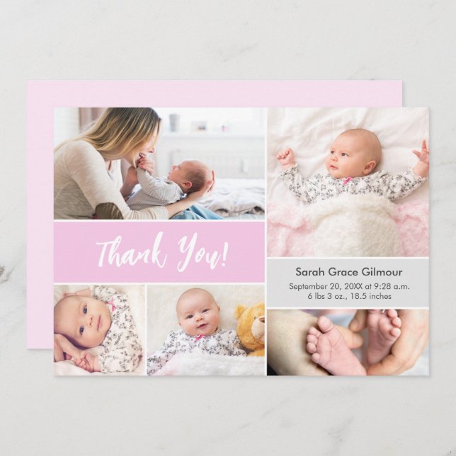 Baby girl Pink Grey Custom photo collage Thank You Card (Front/Back)