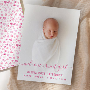 Baby Girl Pink Hearts Script Photo Birth Announcement