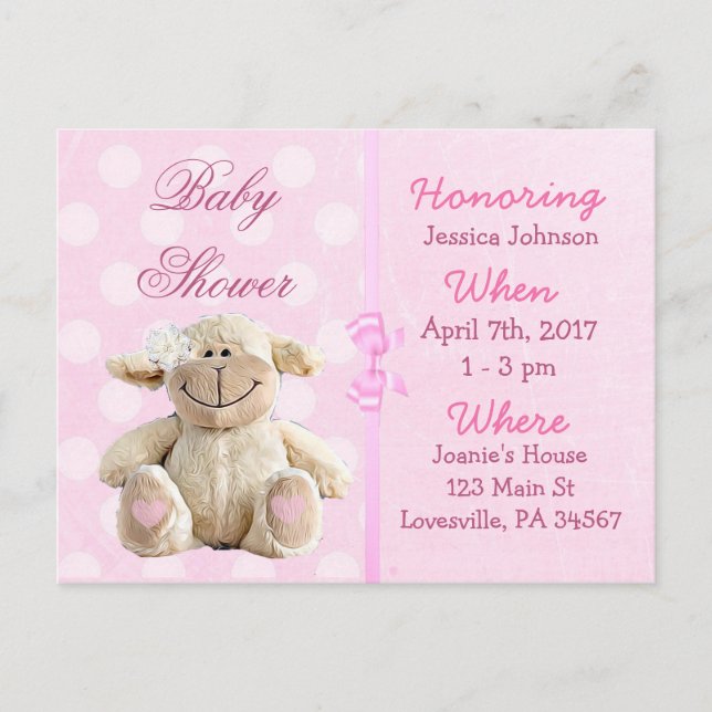 Baby Girl Pink Lamb Baby Shower Invitation Postcard (Front)
