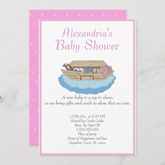Baby Girl Pink Noah's Ark Baby Shower Invitation (Front/Back)