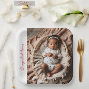 baby girl pink party photo congratulations paper plate