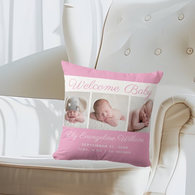 Baby Girl Pink Photo Collage Cute Newborn Keepsake Cushion (Creator Uploaded)