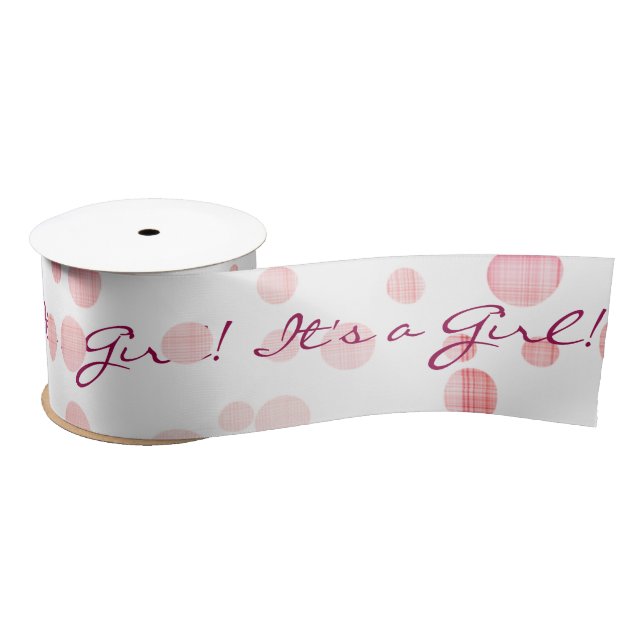 Baby Girl Pink Plaid Dots On White Satin Ribbon (Spool)