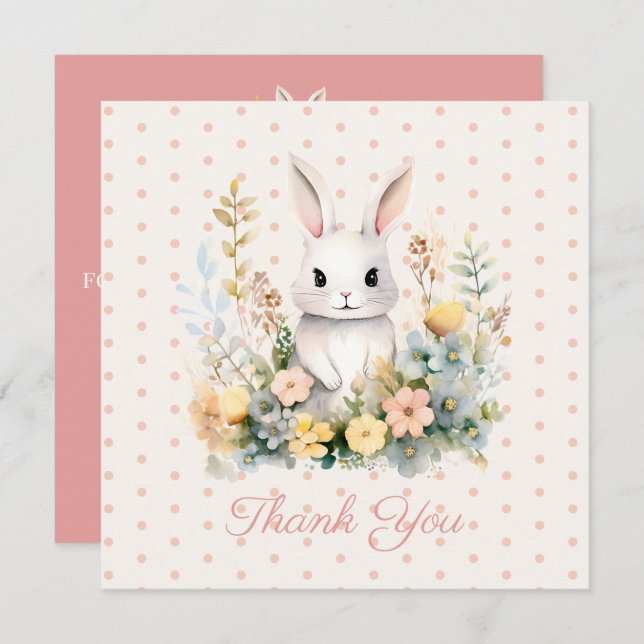 Baby Girl Pink Rabbit and Flowers Baby Shower Thank You Card (Front/Back)