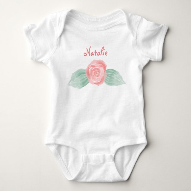 Baby Girl Pink Rose Personalised Baby Bodysuit (Front)