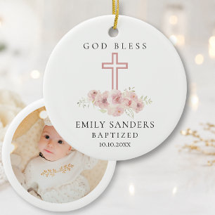 Baby Girl Pink Roses & Photo Baptism Keepsake  Ceramic Ornament