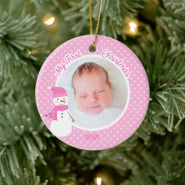 Baby Girl Pink Snowman First Christmas Photo Ceramic Ornament (Tree)