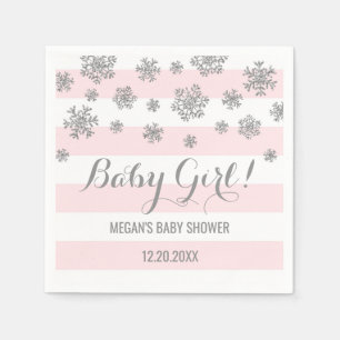 Baby Girl! Pink Stripes Silver Snow Baby Shower Napkin