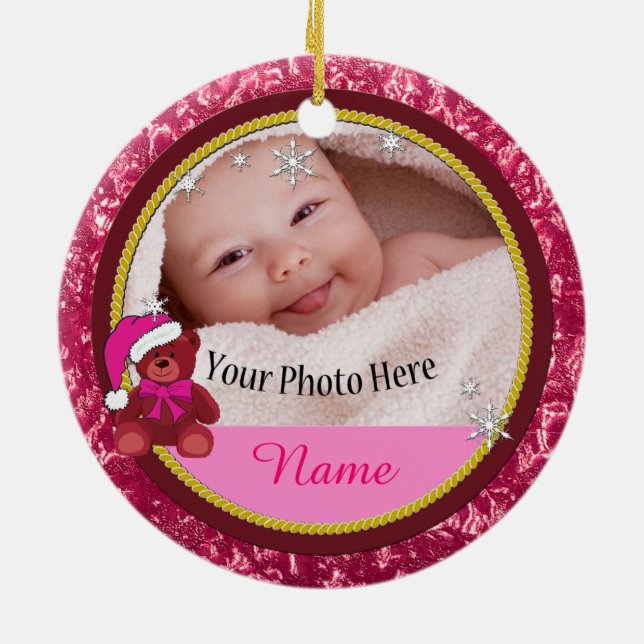 Baby Girl Pink Teddy Bear Personalised Christmas Ceramic Tree Decoration (Back)