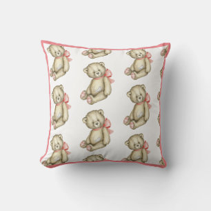 Baby Girl Pink Teddy Bear Watercolor Cushion