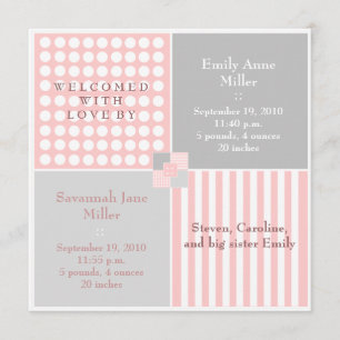 Baby Girl Pink Twin Modern Photo Announcement