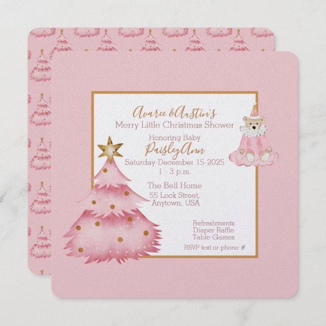 Baby Girl Pink White Christmas Tree Shower Invitation (Front/Back)