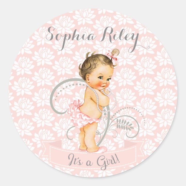 Baby Girl Pink White & Grey Classic Round Sticker (Front)