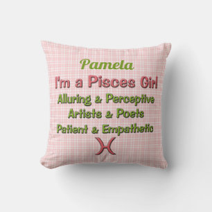Baby Girl Pisces Zodiac Pink and Green Checks Name Cushion